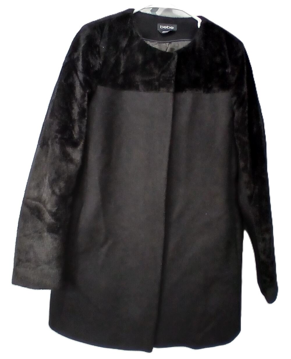 BEBE Classic Black Wool Coat/Faux Fur Shoulders & Arms/Lined/Pockets/Snap Front